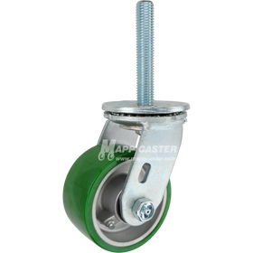 4 x 2 green polyurethane on aluminum swivel caster with 3/4-10 x 4 threaded stem for heavy-duty, floor-safe industrial carts and equipment.