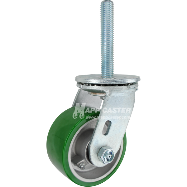 4 x 2 green polyurethane on aluminum swivel caster with 3/4-10 x 4 threaded stem for heavy-duty, floor-safe industrial carts and equipment.