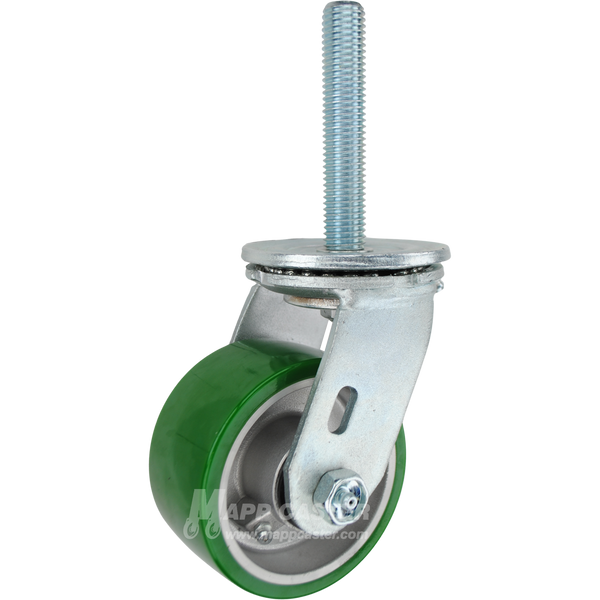 4 x 2 green polyurethane on aluminum swivel caster with 3/4-10 x 4 threaded stem for heavy-duty, floor-safe industrial carts and equipment.