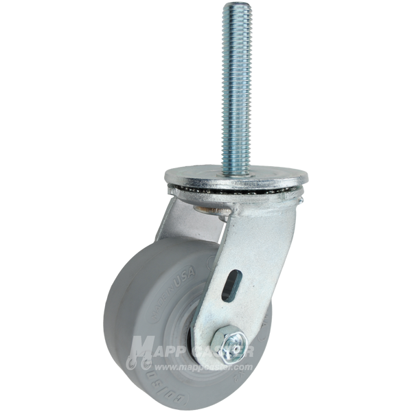 4 x 2 grey thermoplastic rubber swivel caster with 3/4-10 x 4 threaded stem for quiet, floor-protective industrial carts and equipment.