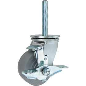4 x 2 grey thermoplastic rubber swivel caster with top lock brake and 3/4-10 x 4 threaded stem for quiet, floor-safe industrial applications.