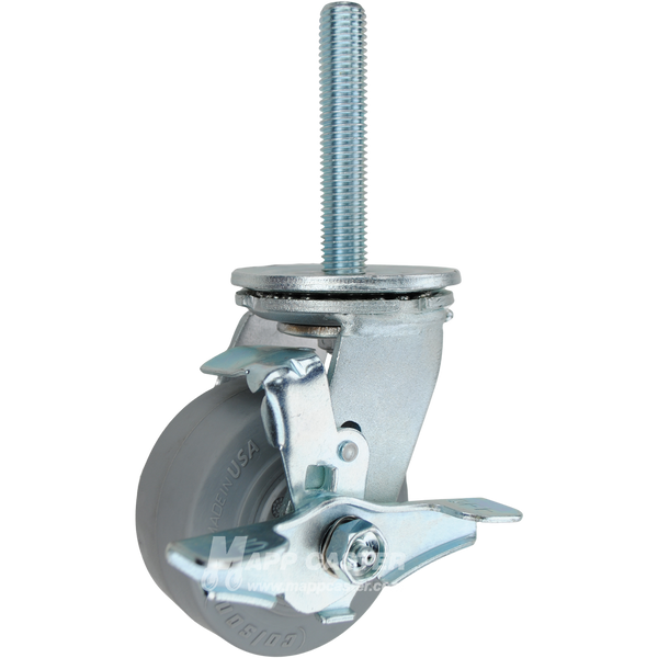 4 x 2 grey thermoplastic rubber swivel caster with top lock brake and 3/4-10 x 4 threaded stem for quiet, floor-safe industrial applications.