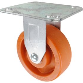 Caster with a orange high temp nylon wheel and rigid metal top plate