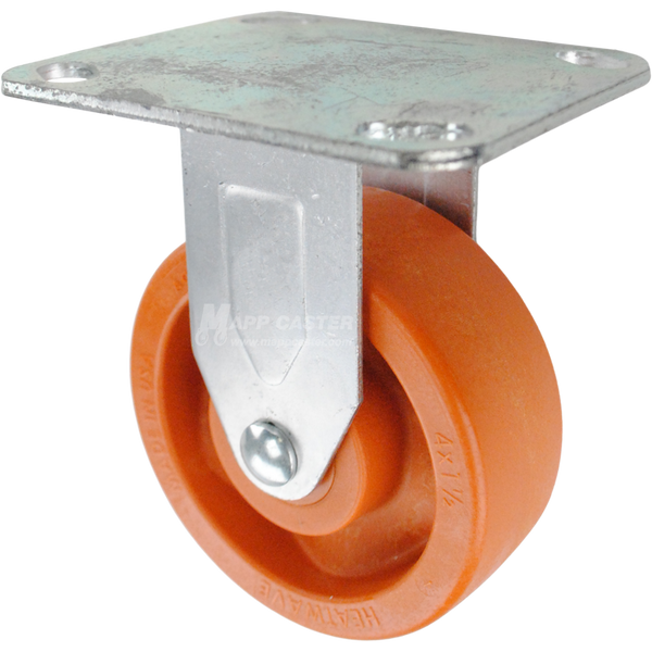 Caster with a orange high temp nylon wheel and rigid metal top plate