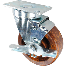 Brown & orange High Temp Epoxy swivel side  Brake Caster with plate, silver finish steel rig. 