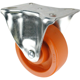 Caster with a orange high temp nylon wheel and rigid metal top plate