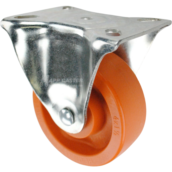 Caster with a orange high temp nylon wheel and rigid metal top plate