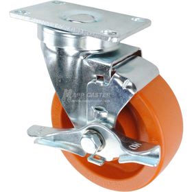 Swivel brake caster with a orange high temp nylon wheel and metal top plate