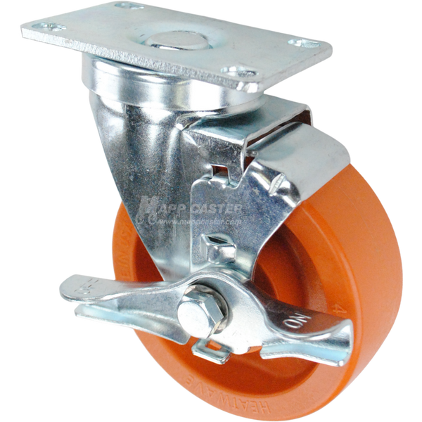 Swivel brake caster with a orange high temp nylon wheel and metal top plate