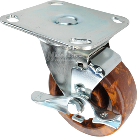 Brown, orange & yellow-ish High Temp Epoxy swivel Brake Caster with large sized plate, silver finish steel rig. 