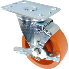 Swivel brake caster with a orange high temp nylon wheel and metal top plate