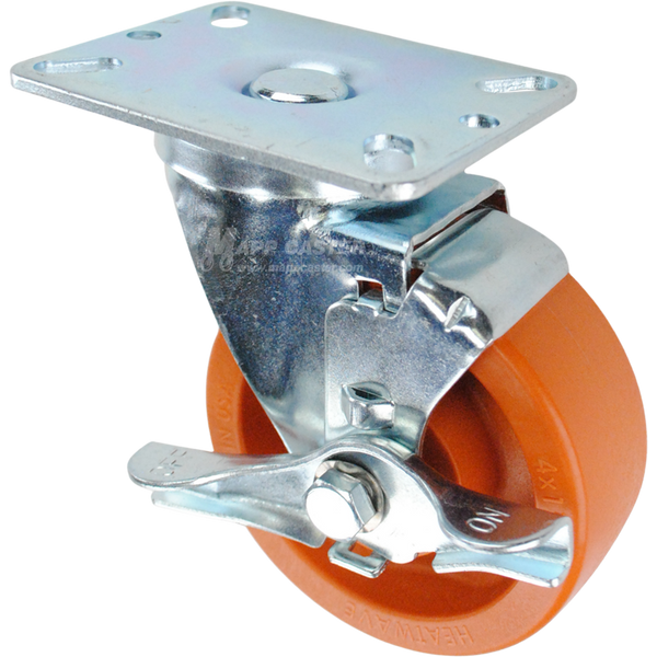 Swivel brake caster with a orange high temp nylon wheel and metal top plate