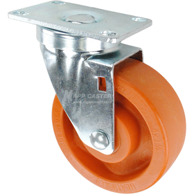 Swivel caster with a orange high temp nylon wheel and metal top plate