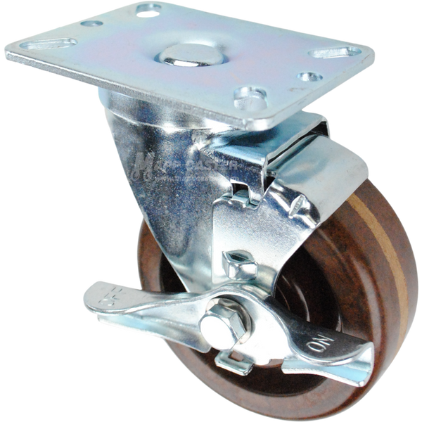 Swivel brake caster with a brown high temp phenolic wheel and metal top plate
