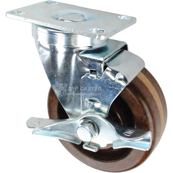 Swivel brake caster with a brown high temp phenolic wheel and metal top plate