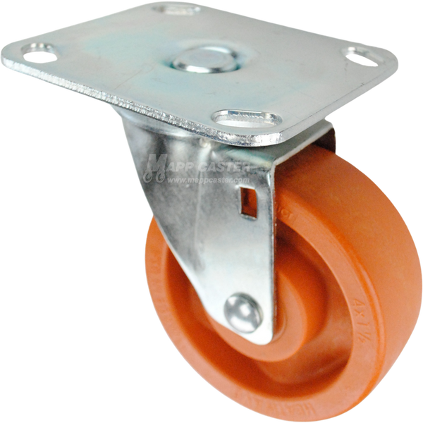 Swivel caster with a orange high temp nylon wheel and metal top plate