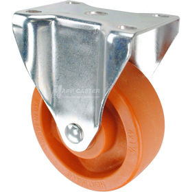 Caster with a orange high temp nylon wheel and rigid metal top plate