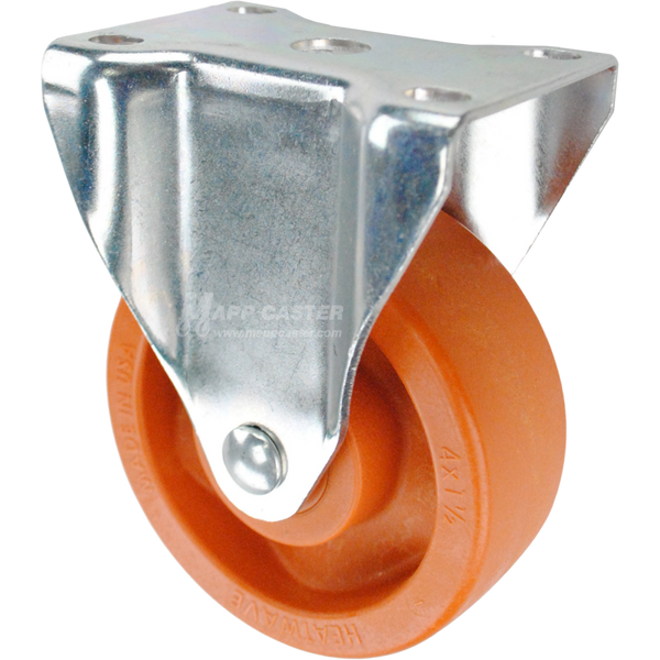 Caster with a orange high temp nylon wheel and rigid metal top plate