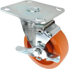 Swivel brake caster with a orange high temp nylon wheel and metal top plate