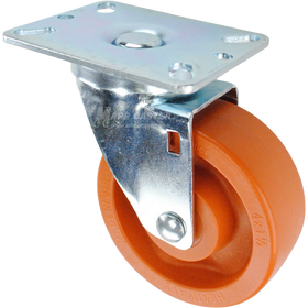 Swivel caster with a orange high temp nylon wheel and metal top plate