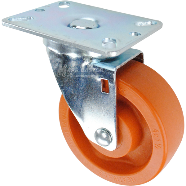 Swivel caster with a orange high temp nylon wheel and metal top plate