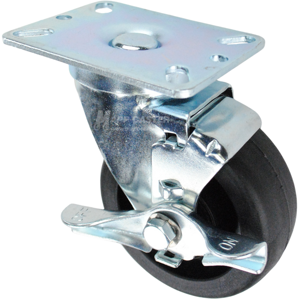 Swivel brake caster with a black high temp nylon wheel and metal top plate