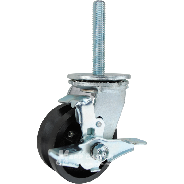 4 x 2 high temp nylon v-groove wheel swivel caster with top lock brake and 3/4-10 x 4 threaded stem for heavy-duty industrial carts and equipment.