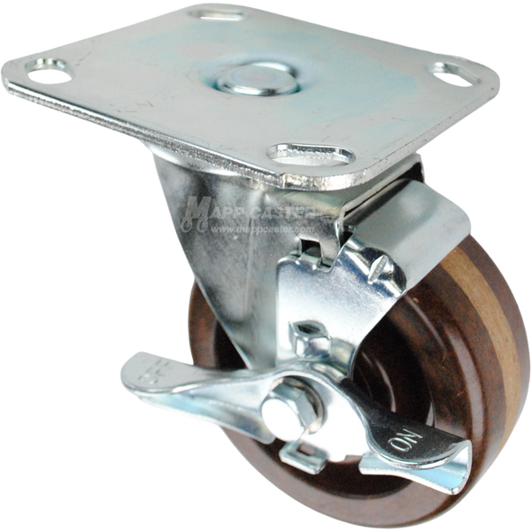 Swivel brake caster with a brown high temp phenolic wheel and metal top plate