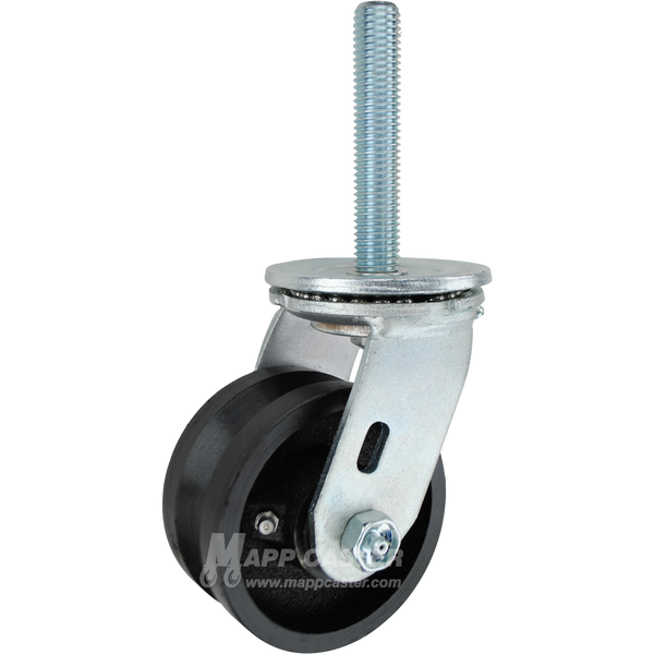 4 x 2 nylon V-groove swivel caster with 3/4-10 x 4 threaded stem for angle iron tracks, washdown environments, and chemical-resistant applications.