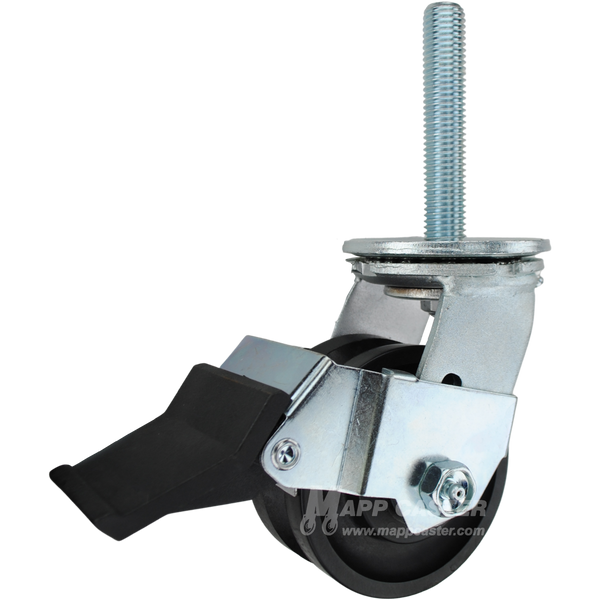 4 x 2 nylon V-groove swivel caster with face contact brake and 3/4-10 x 4 threaded stem for angle iron tracks and washable industrial applications.