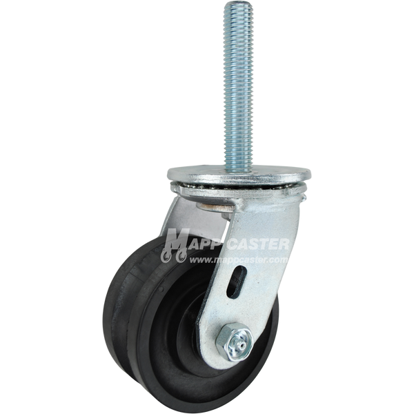 4 x 2 nylon V-groove swivel caster with 3/4-10 x 4 threaded stem for angle iron tracks, washdown environments, and chemical-resistant applications.