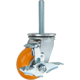 4 x 2 orange polyurethane on aluminum swivel caster with top lock brake and 3/4-10 x 4 threaded stem for floor-safe industrial use.