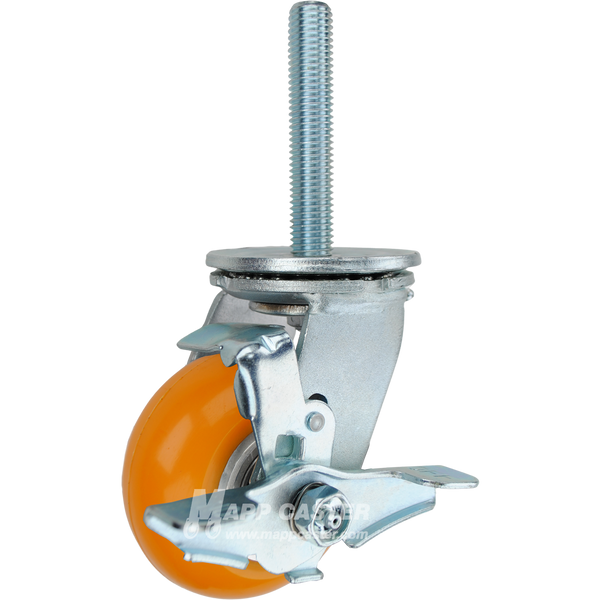 4 x 2 orange polyurethane on aluminum swivel caster with top lock brake and 3/4-10 x 4 threaded stem for floor-safe industrial use.