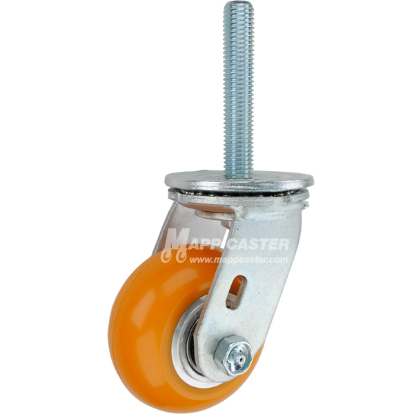 4 x 2 orange polyurethane on aluminum swivel caster with 3/4-10 x 4 threaded stem for quiet, floor-protective heavy-duty industrial equipment.