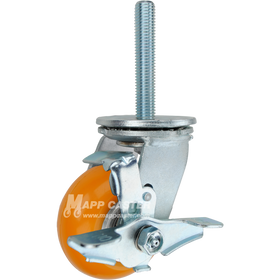 4 x 2 orange polyurethane on aluminum swivel caster with top lock brake and 3/4-10 x 4 threaded stem for floor-safe industrial use.