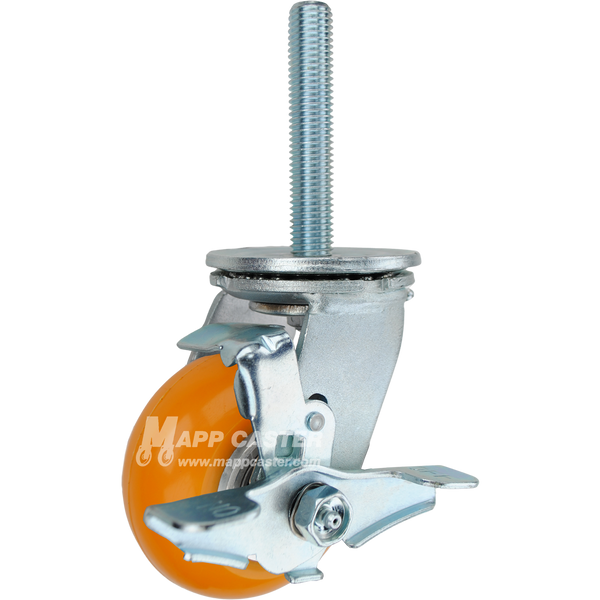4 x 2 orange polyurethane on aluminum swivel caster with top lock brake and 3/4-10 x 4 threaded stem for floor-safe industrial use.