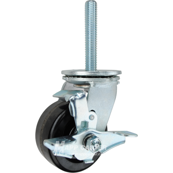 4 x 2 phenolic wheel swivel caster with top lock brake and 3/4-10 x 4 threaded stem for heavy-duty industrial carts and equipment.