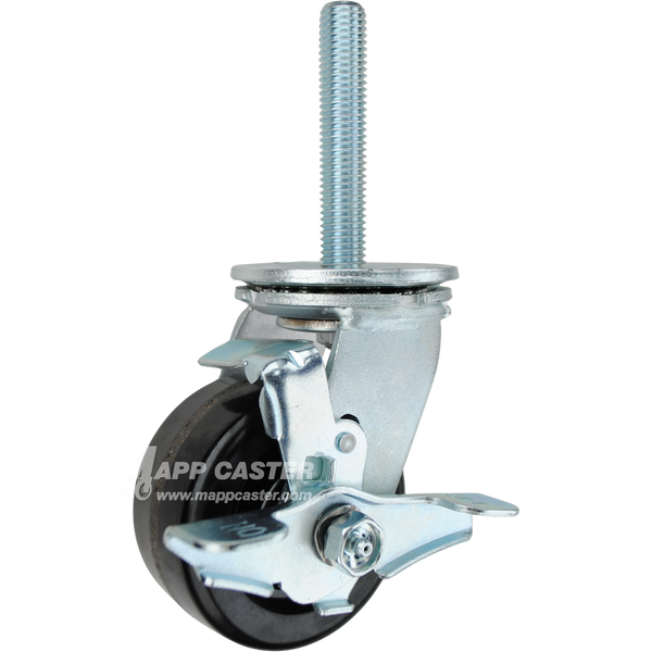 4 x 2 phenolic wheel swivel caster with top lock brake and 3/4-10 x 4 threaded stem for heavy-duty industrial carts and equipment.