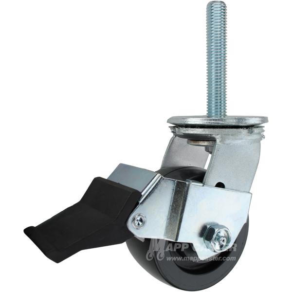4 x 2 polyolefin swivel caster with face contact brake and 3/4-10 x 4 threaded stem for washdown, chemical-resistant industrial applications.