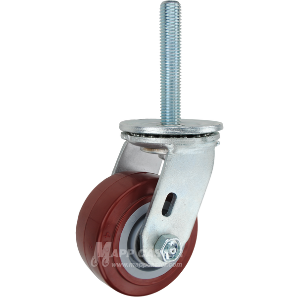 4 x 2 red and grey polyurethane on plastic swivel caster with 3/4-10 x 4 threaded stem for floor-safe industrial carts and material handling equipment.