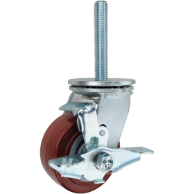 4 x 2 red and grey polyurethane on plastic swivel caster with top lock brake and 3/4-10 x 4 threaded stem for floor-safe industrial use.
