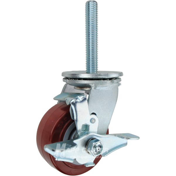 4 x 2 red and grey polyurethane on plastic swivel caster with top lock brake and 3/4-10 x 4 threaded stem for floor-safe industrial use.
