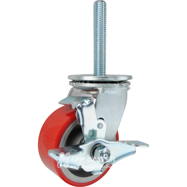 4 x 2 red polyurethane on iron swivel caster with top lock brake and 3/4-10 x 4 threaded stem for heavy-duty, floor-protective industrial use.