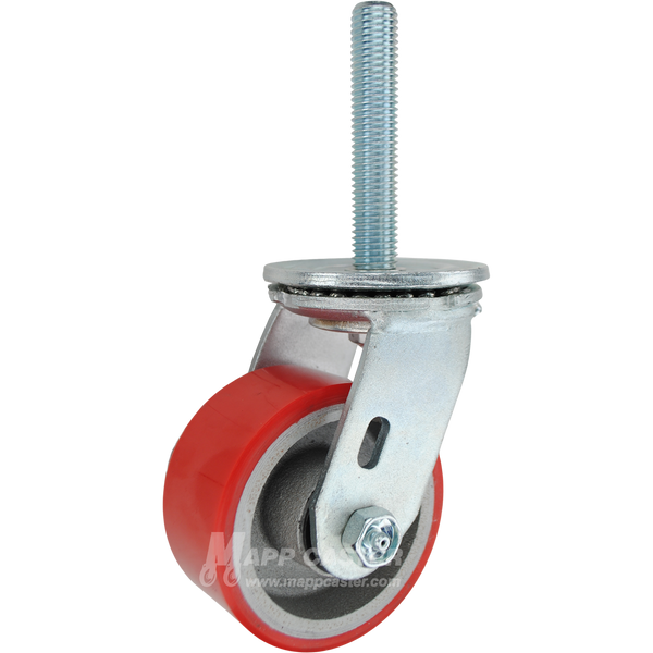 4 x 2 red polyurethane on iron swivel caster with 3/4-10 x 4 threaded stem for heavy-duty industrial carts with quiet, floor-safe performance.
