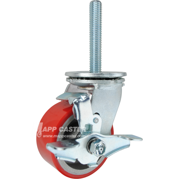 4 x 2 red polyurethane on iron swivel caster with top lock brake and 3/4-10 x 4 threaded stem for heavy-duty, floor-protective industrial use.