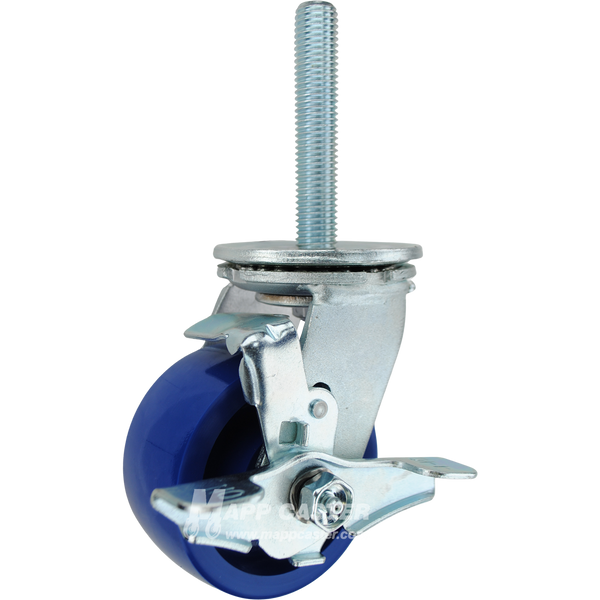4 x 2 solid polyurethane swivel caster with top lock brake and 3/4-10 x 4 threaded stem for heavy-duty, floor-protective industrial equipment.
