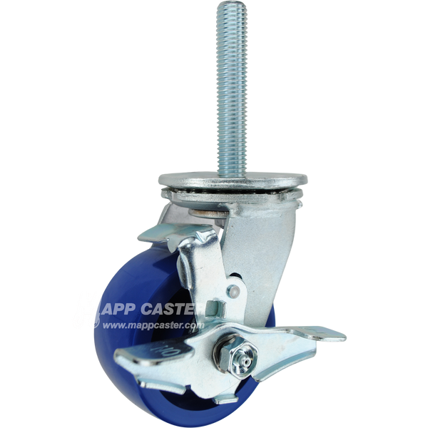 4 x 2 solid polyurethane swivel caster with top lock brake and 3/4-10 x 4 threaded stem for heavy-duty, floor-protective industrial equipment.