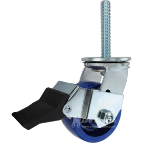 4 x 2 solid polyurethane swivel caster with face contact brake and 3/4-10 x 4 threaded stem for floor-safe, washdown industrial applications.