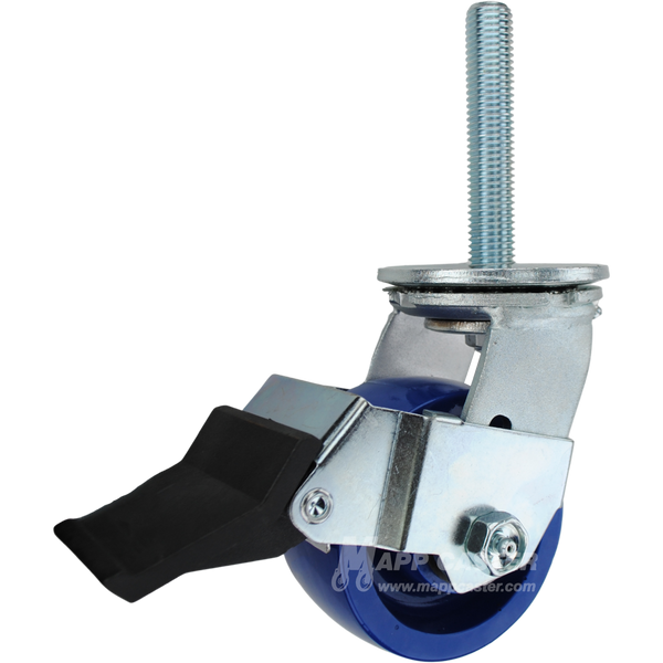 4 x 2 solid polyurethane swivel caster with face contact brake and 3/4-10 x 4 threaded stem for floor-safe, washdown industrial applications.