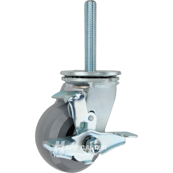 4 x 2 solid polyurethane elastomer swivel caster with top lock brake and 3/4-10 x 4 threaded stem for quiet, floor-safe heavy-duty use.